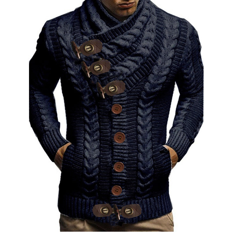 Men's chunky knit cardigan with creative shawl collar and button details Ivyshape
