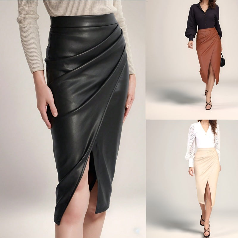 Women Elegant Wrap Skirt made of high-quality Faux Leather with Slit Ivyshape