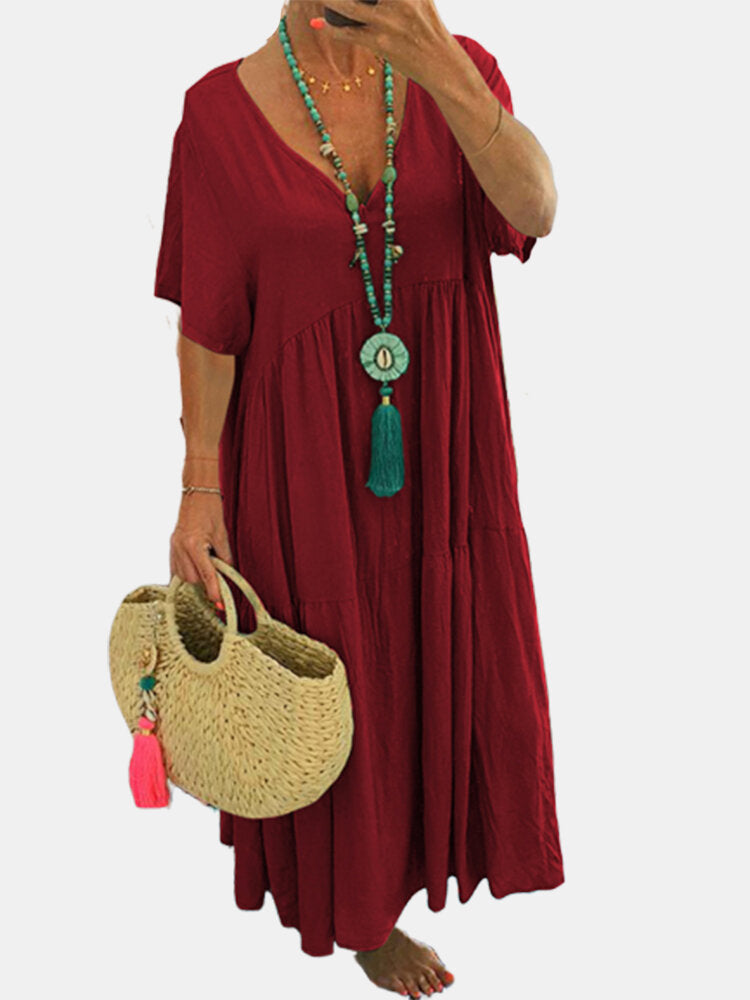 Women's airy boho maxi dress with flouncy hem and deep V-neck Ivyshape