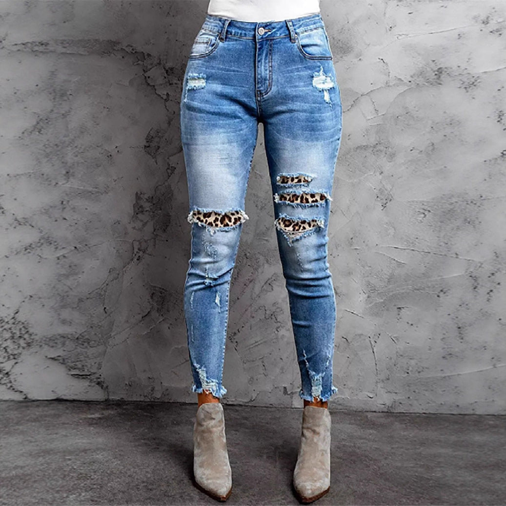 Women's Ripped Skinny Jeans with Leopard Detail Ivyshape