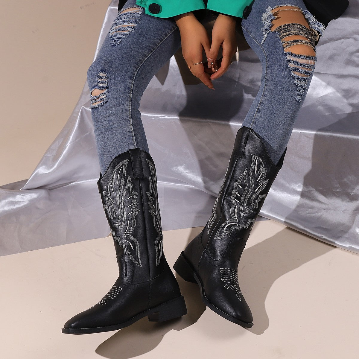 Ladies cowboy boots with stylish embroidery and comfortable rubber sole Ivyshape