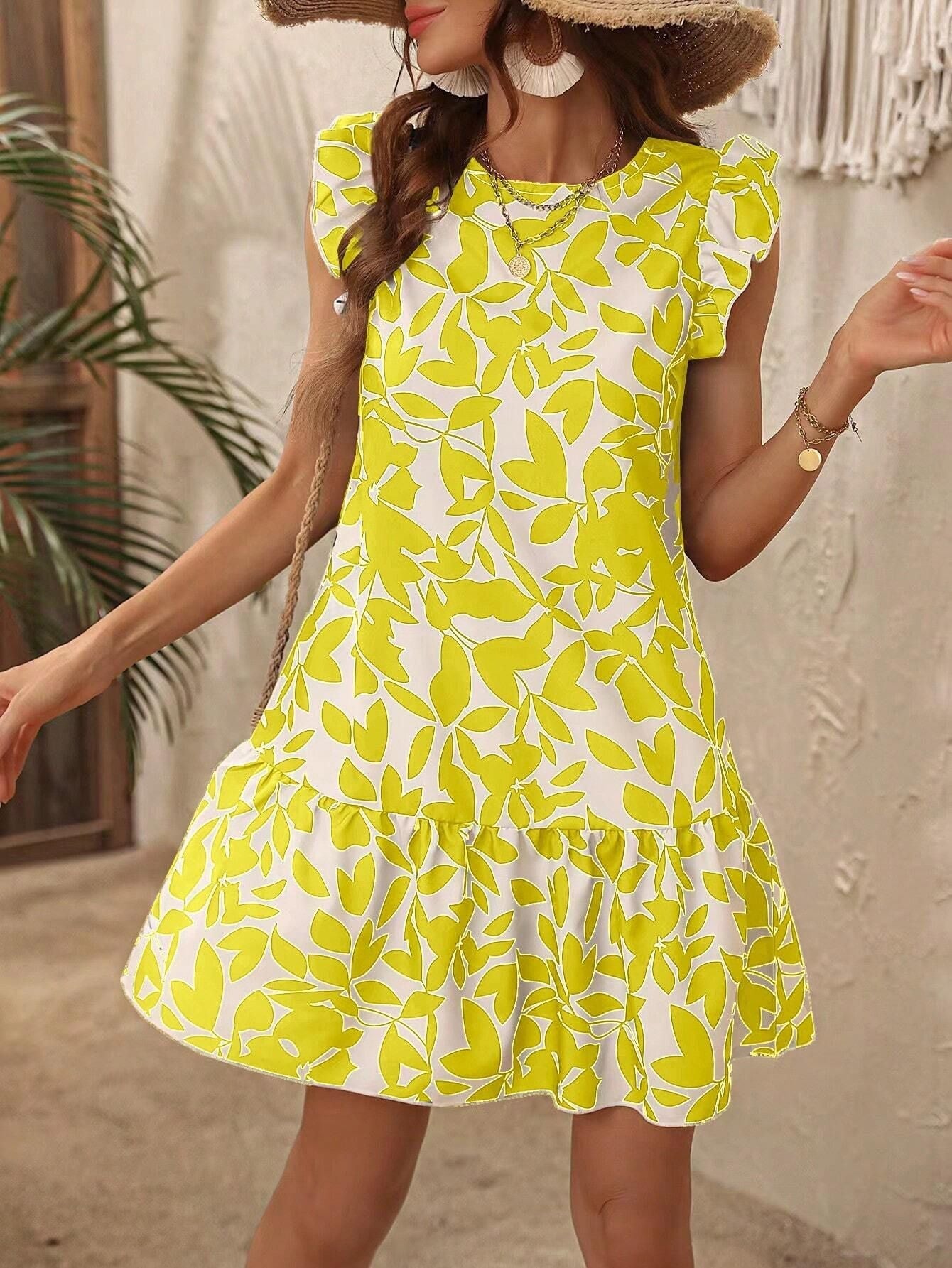 Ivyshape | Round Neck Dress with Printed Ruffles