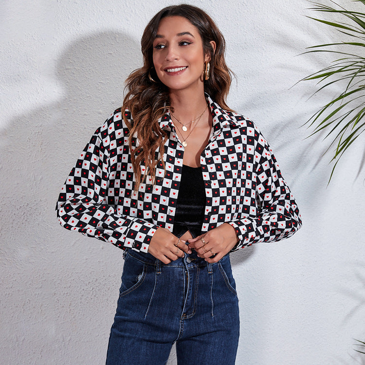 Ladies' Stylish Checkered Blouse with Hearts and Cropped Cut Ivyshape