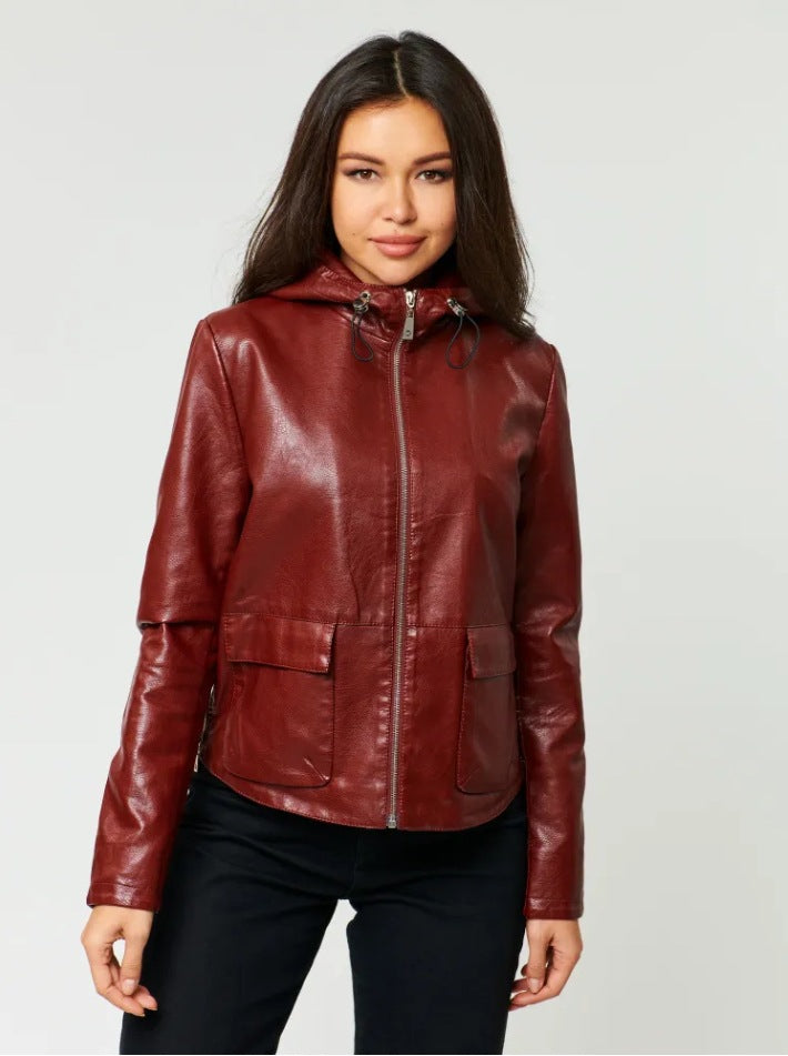 Women Faux Leather Jacket with Attached Hoodie and Practical Pockets Ivyshape
