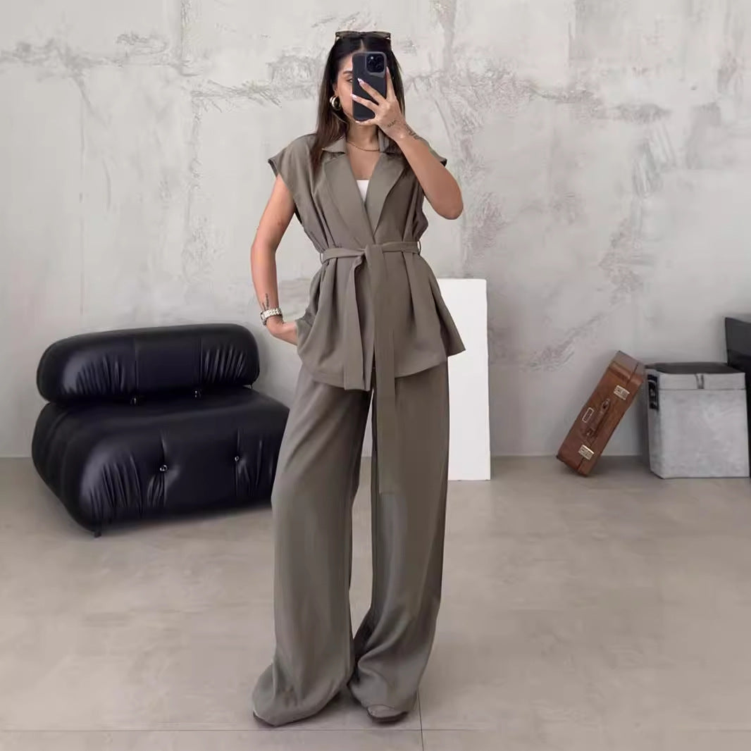 Women's tailored wrap top and wide leg pants set Ivyshape