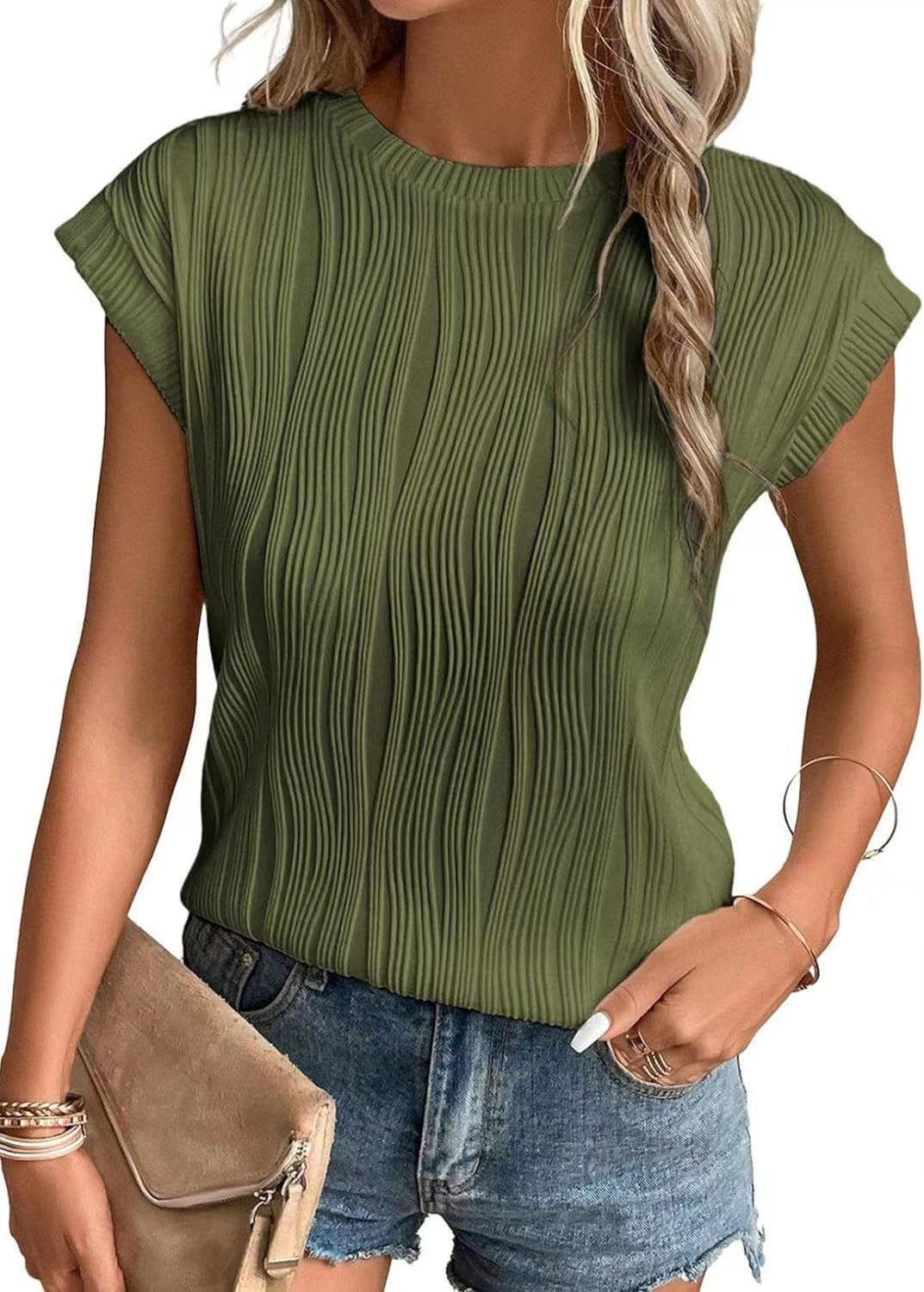Women Structured Short Sleeve Blouse with Elegant Wave Look Ivyshape