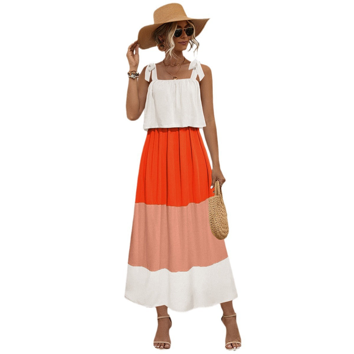 Ladies summer maxi dress with playful bandeau top and flowing skirt Ivyshape