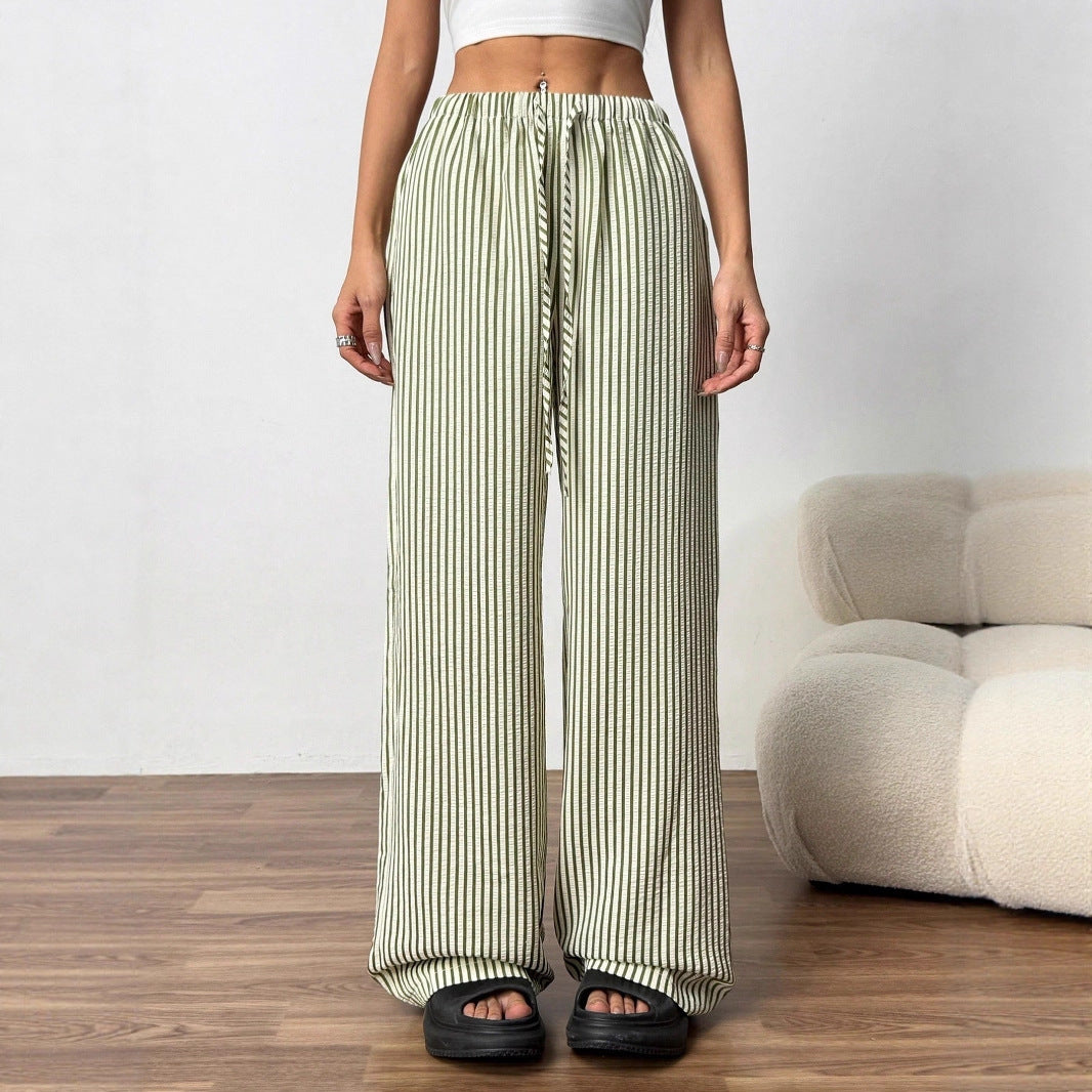 Women's Wide Cut Striped Trousers with Elastic Waistband and Tie Ivyshape