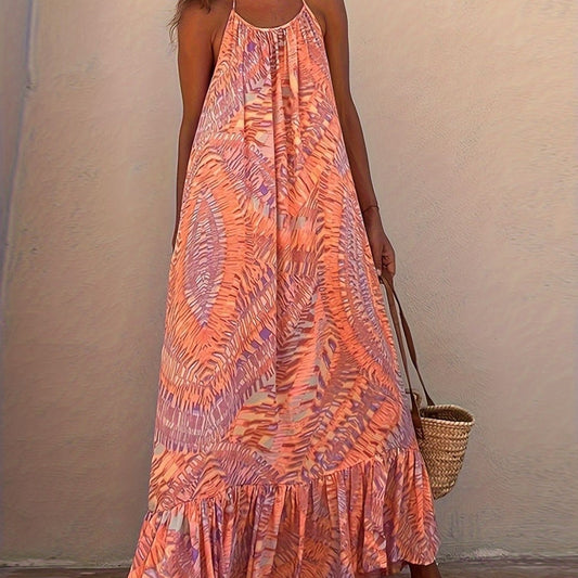 IvyShape | Elegant Printed Halter Big Hem Off-Shoulder Beach Long Dress