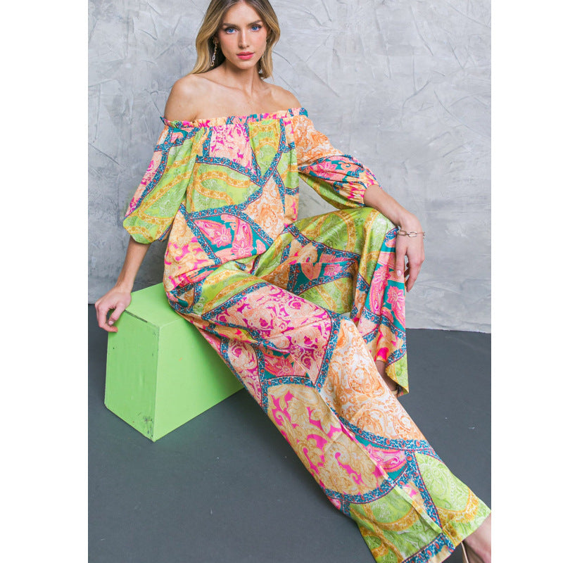 IvyShape | Printed Off-Shoulder Top High-Waisted Wide-Leg Pants Set