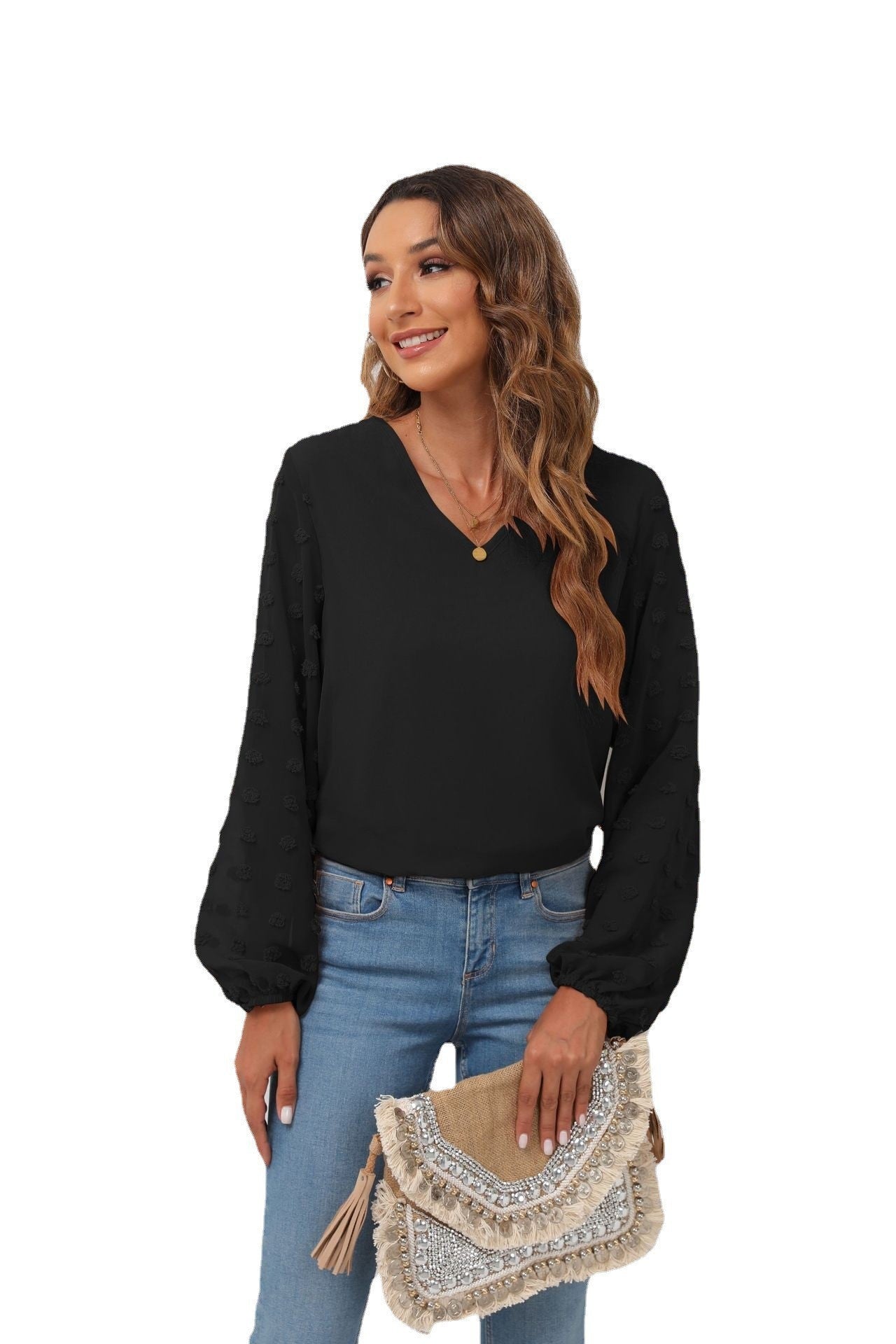 IvyShape | Chiffon Splicing Long Sleeve V-Neck Shirt Top