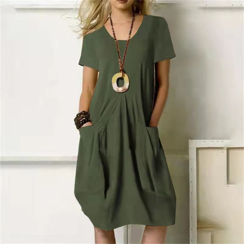 Ivyshape | Solid Color Dress with Loose Round Neck and Short Sleeves