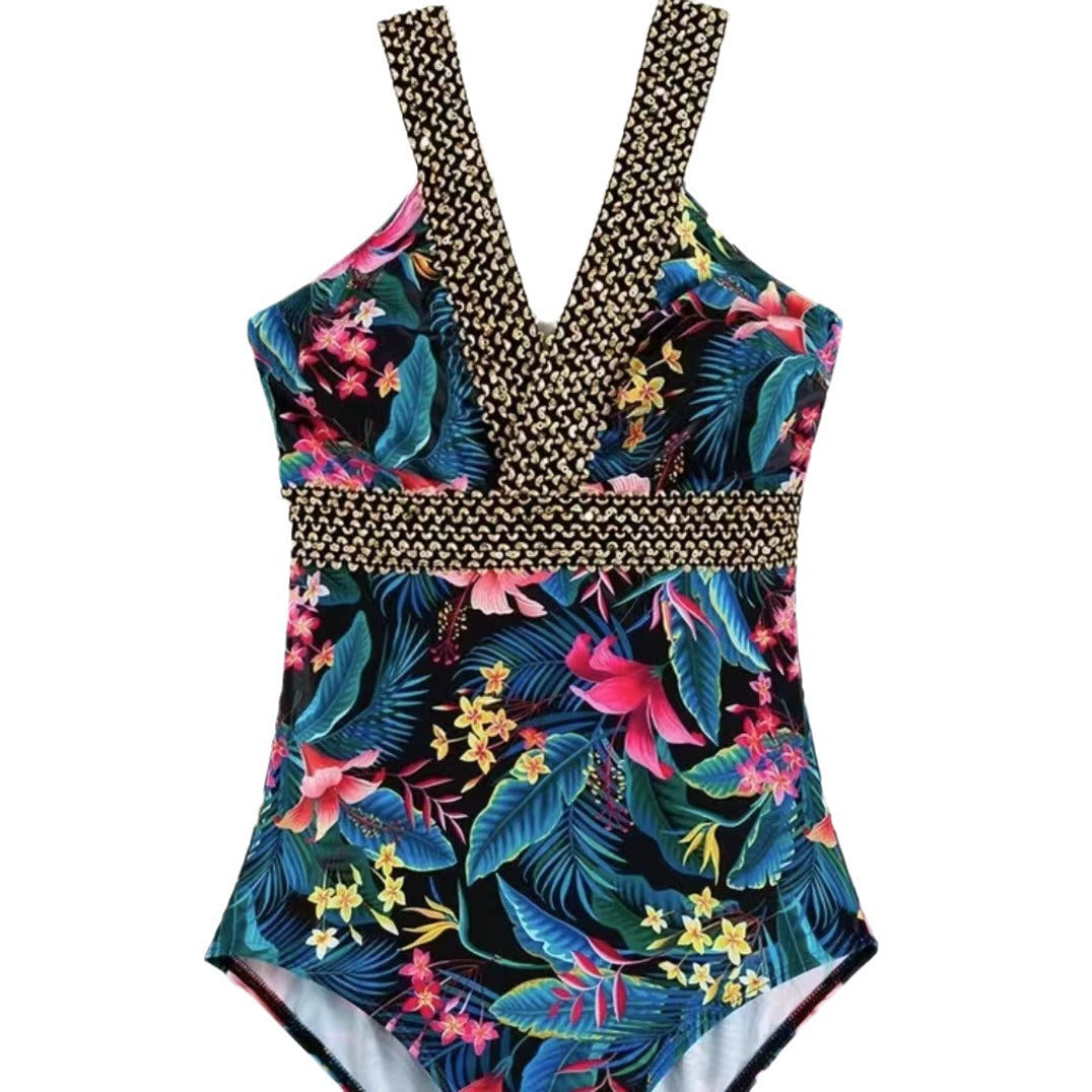 Women Elegant Swimsuit with Deep V-Neck and Floral Design Ivyshape