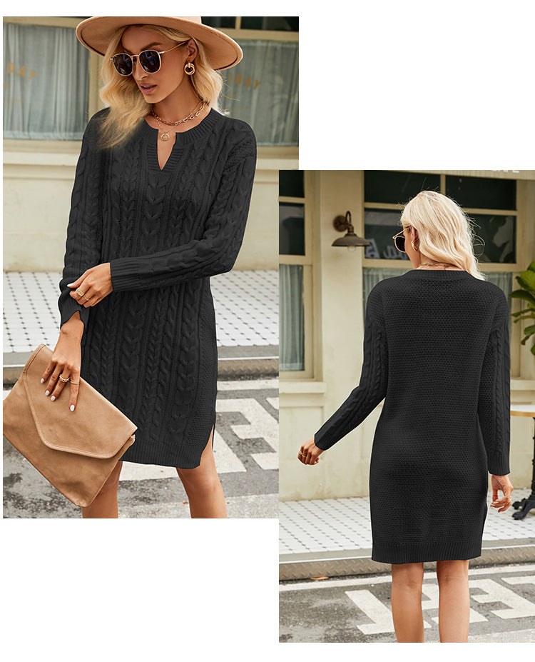 IvyShape | Cable Knit Solid Split Sweater Dress