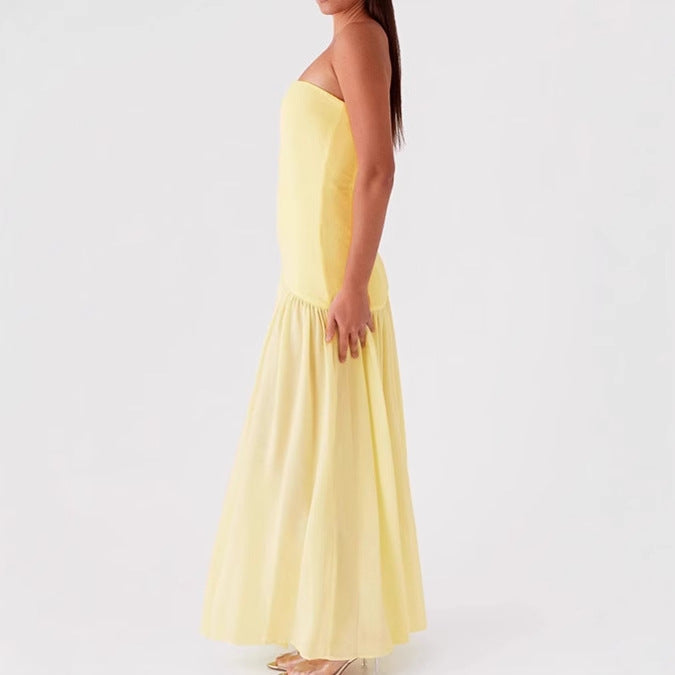 Women Elegant Strapless Maxi Dress with High Slit and Flowing Fabric Ivyshape