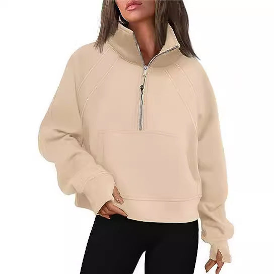 Women Sporty Sweater with High Collar and Zipper Ivyshape