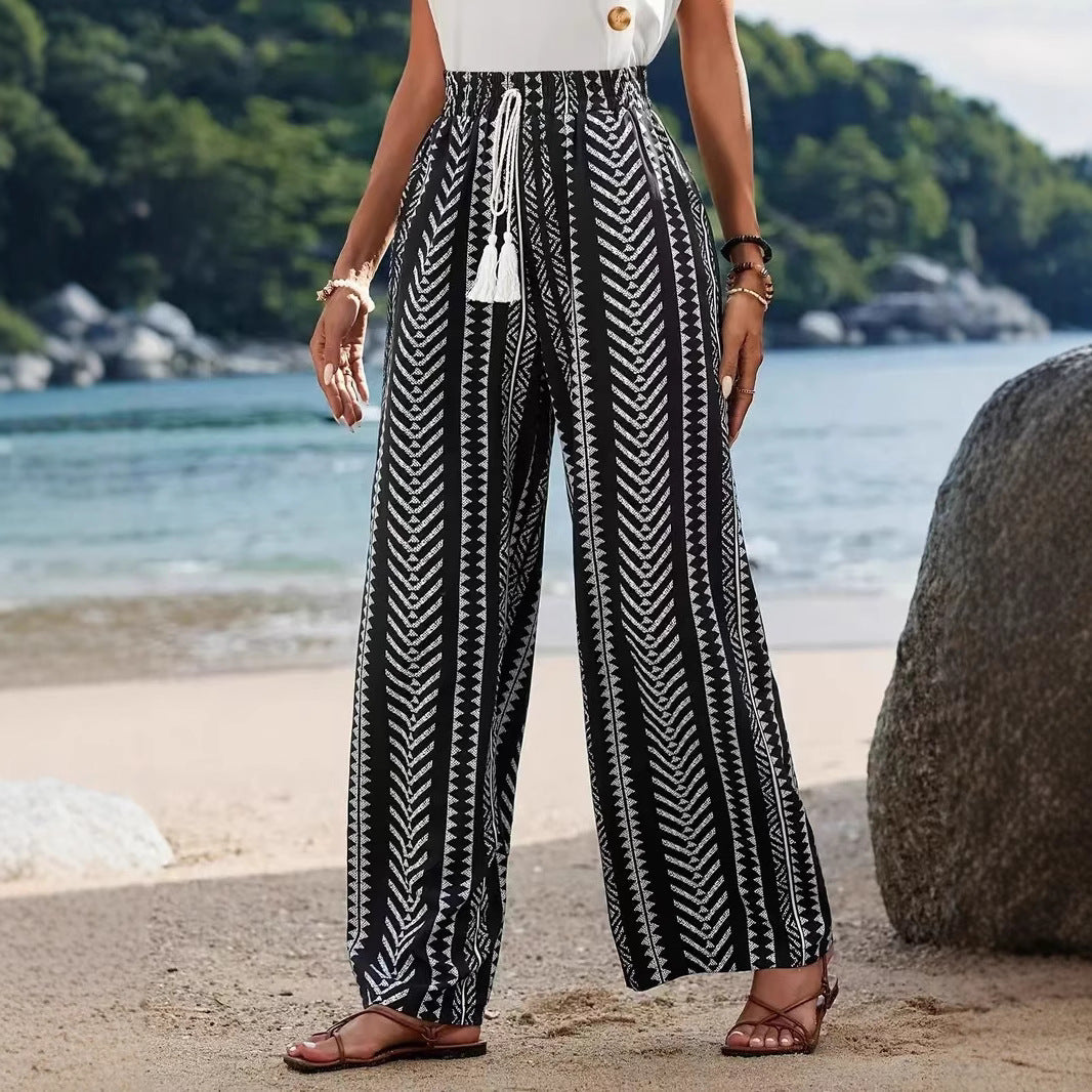 Women's wide palazzo pants with elastic waistband and fashionable pattern Ivyshape