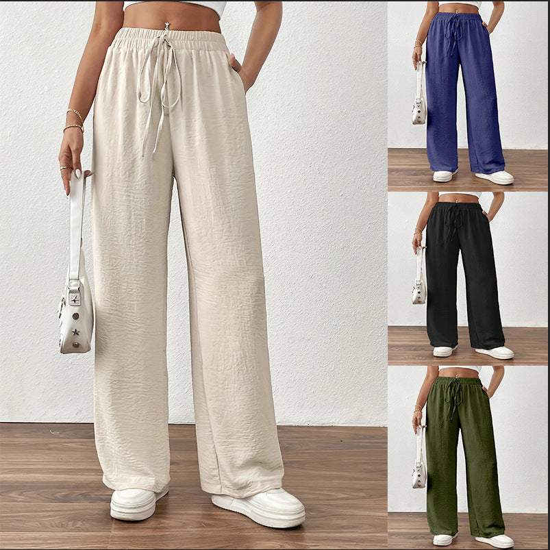 Women's Summer Palazzo Pants with Elastic Waistband and Tie Belt Ivyshape