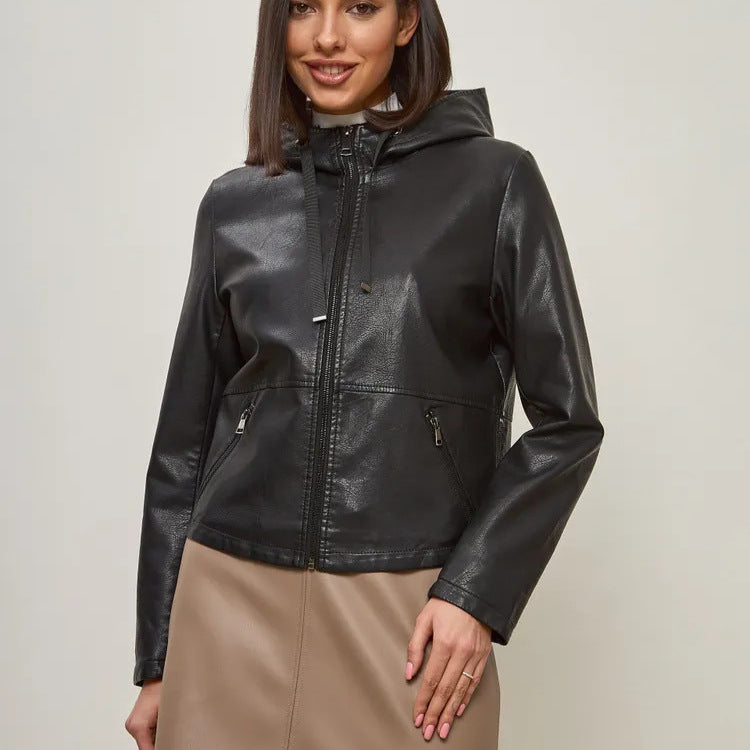 Women's fashionable faux leather jacket with hood and zip pockets Ivyshape