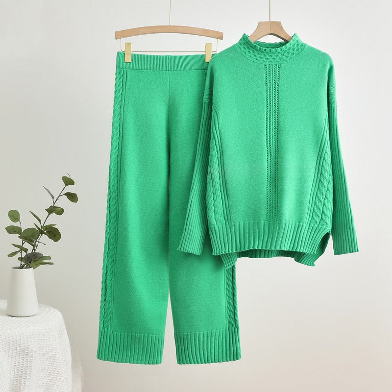 IvyShape | Split long high-waisted wide-leg pants knit set