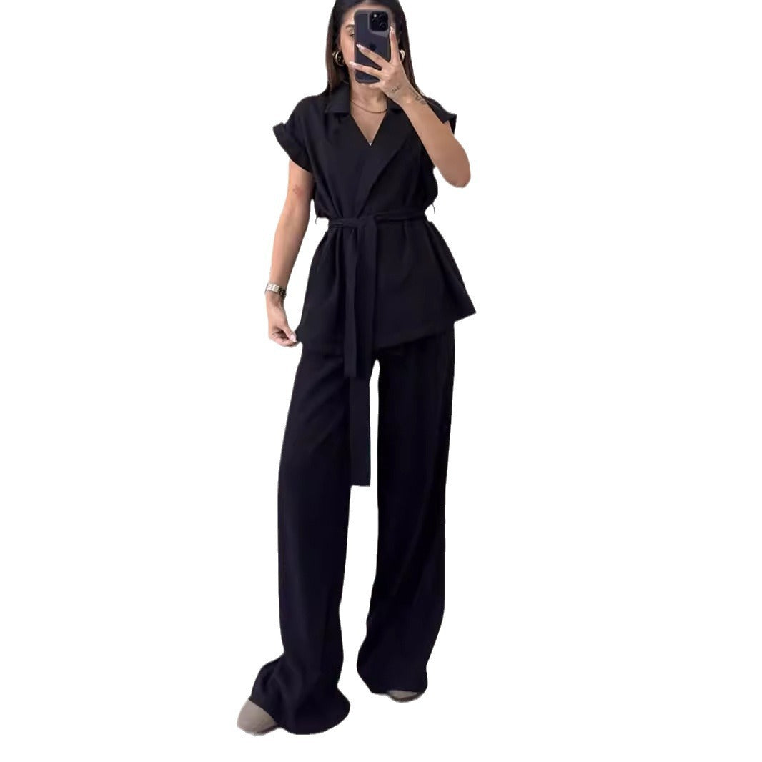 Women's tailored wrap top and wide leg pants set Ivyshape