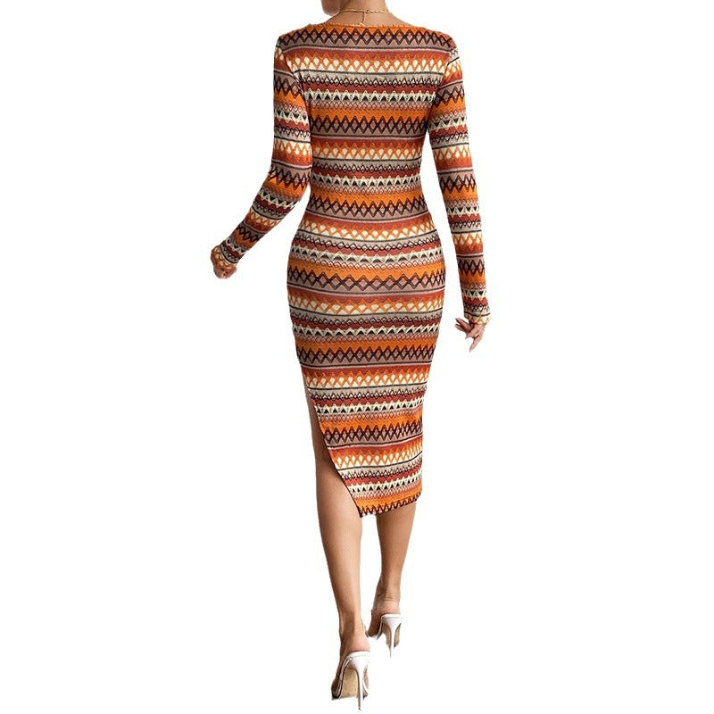 Women Figure-flattering Long Sleeve Dress with Asymmetric Slit and Geometric Pattern Ivyshape