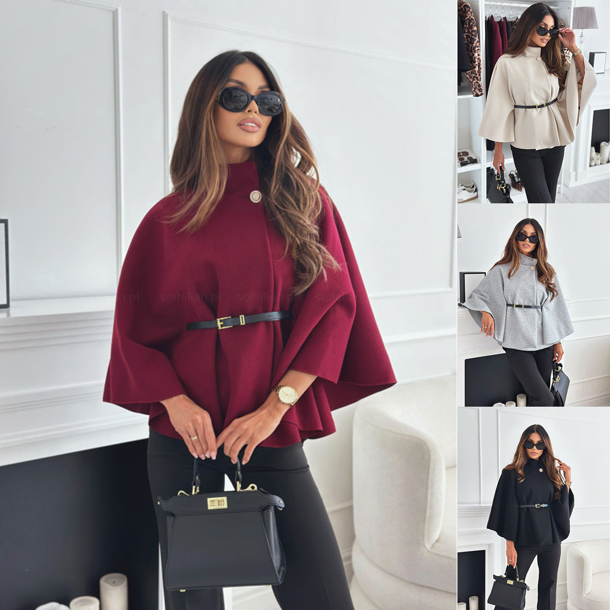 Women stylish cape blouse with adjustable belt Ivyshape