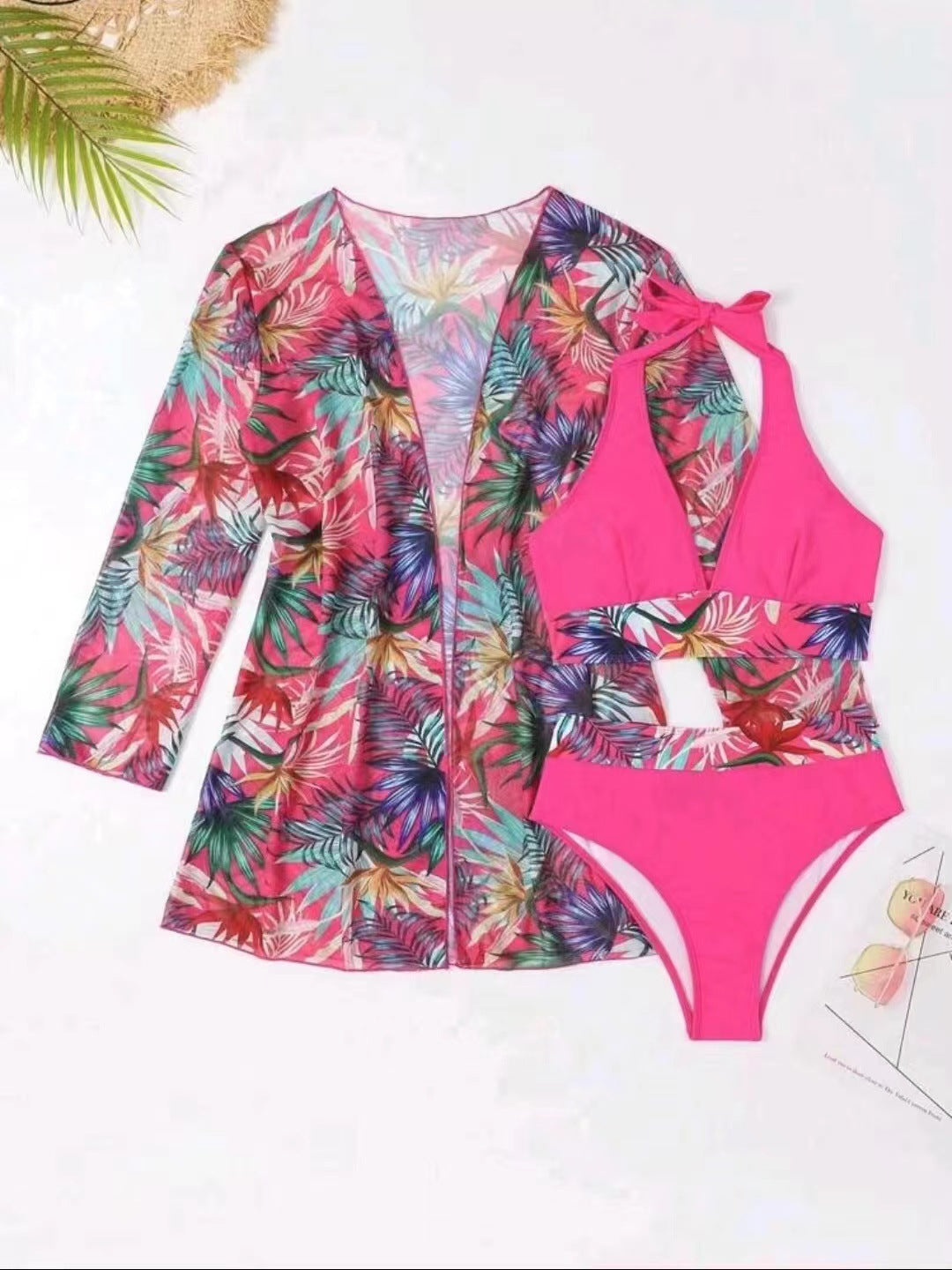 Women's bikini set with summery floral print and stylish chiffon overlay Ivyshape
