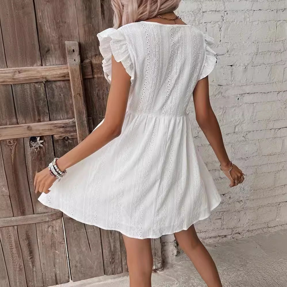 IvyShape | White Embroidered Deep V-Neck Petal Sleeve Dress