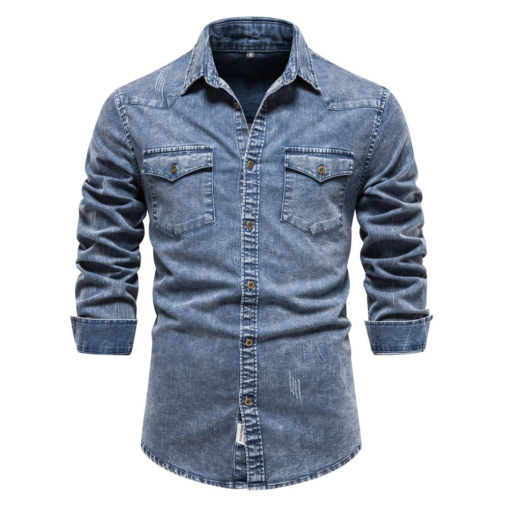 Men's denim shirt blouse with two chest pockets and tasteful embroidery Ivyshape