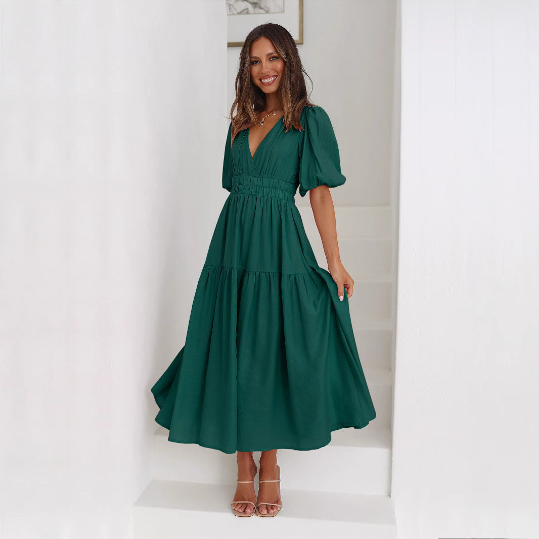 Women's Maxi Dress with V-Neck and Puff Sleeves Ivyshape