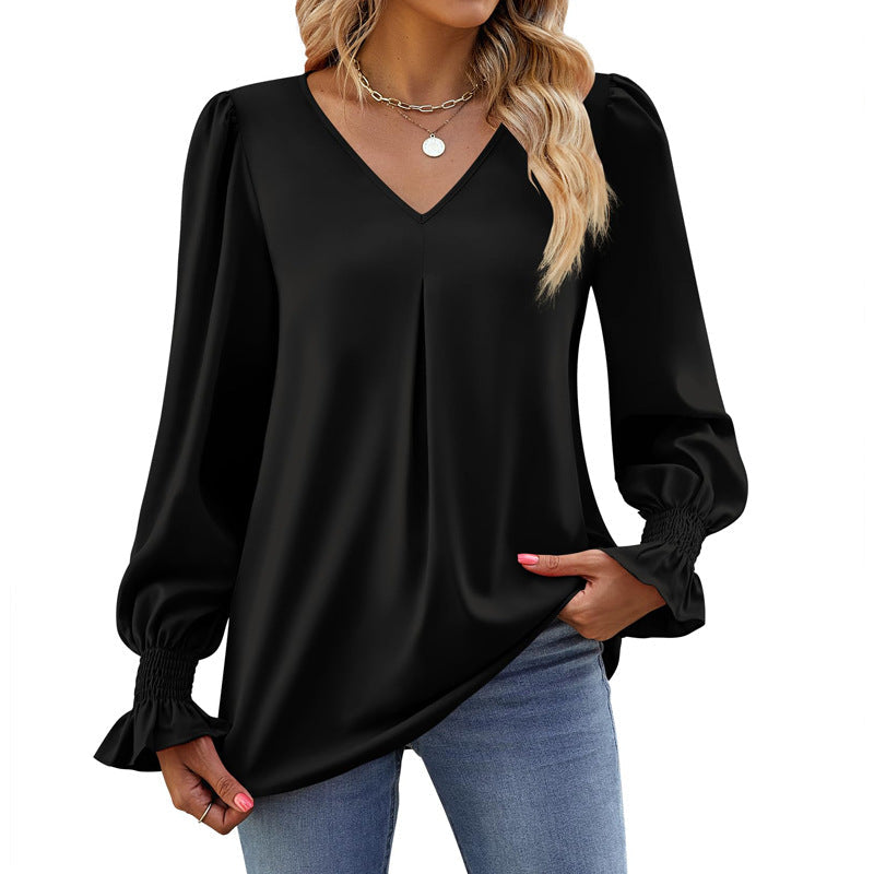 IvyShape | Solid Color V-Neck Puff Sleeve Long Sleeve Top