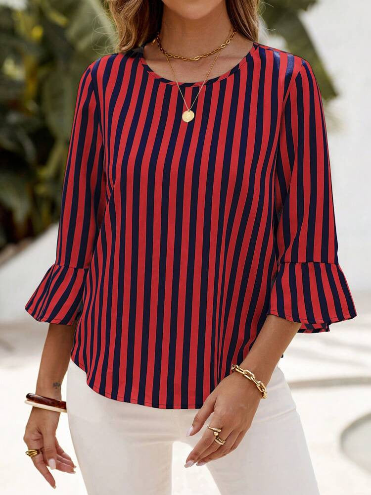 Ladies fashionable blouse with striped ruffle sleeves Ivyshape