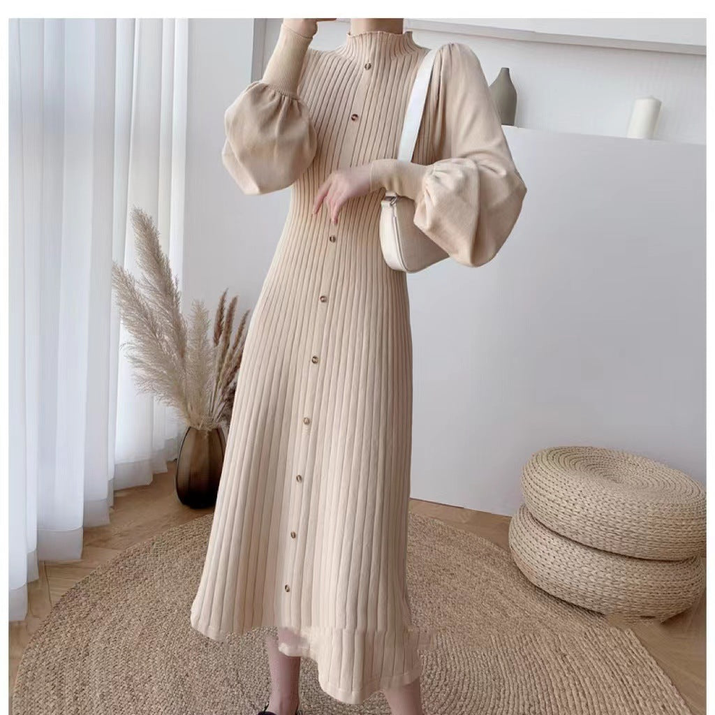 Women Elegant, ribbed button dress with long sleeves Ivyshape