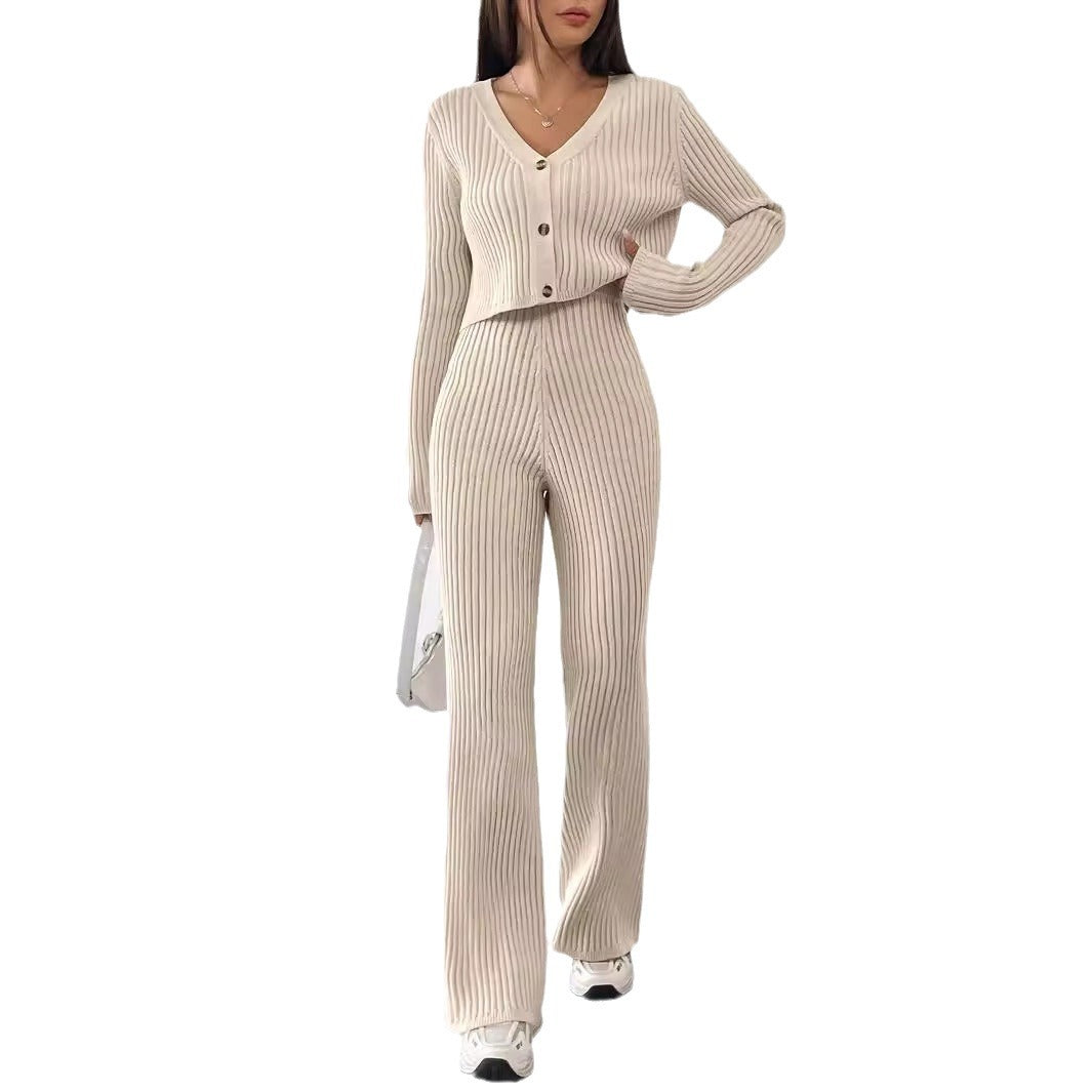 IvyShape | V-Neck Ribbed Knitted Two-Piece Set