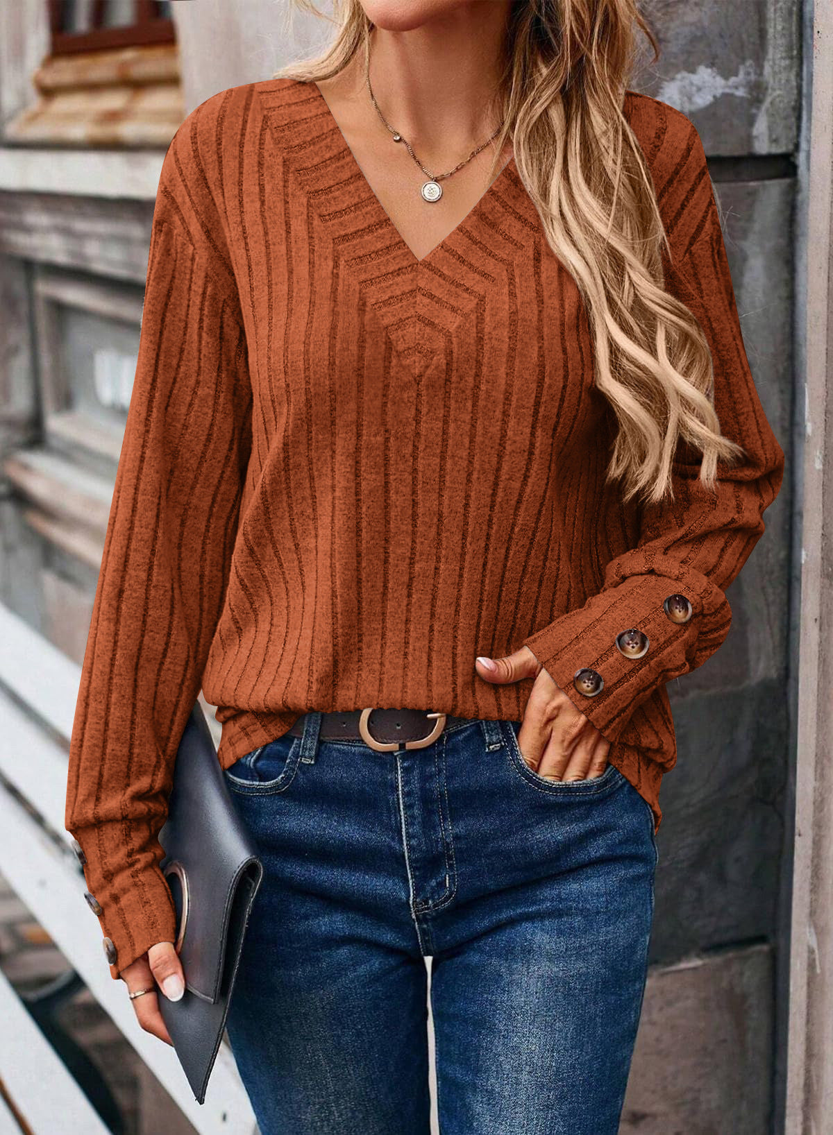 Women Elegant V-neck Knit Top with Button Details Ivyshape