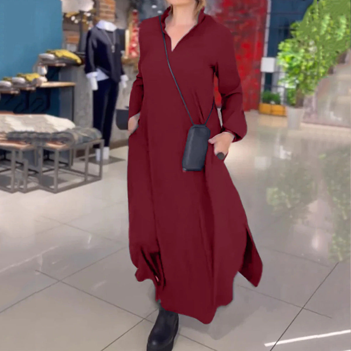 Women Long Sleeve Dress with Practical Insert Pockets and Elegant Stand-Up Collar Ivyshape