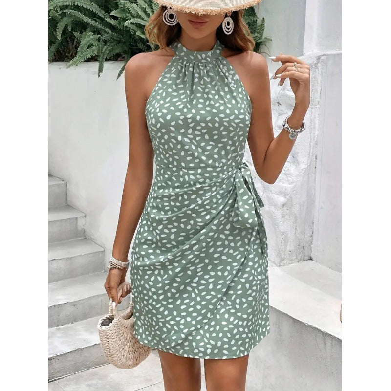 Ladies Stylish Wrap Dress with Halter Design and Ruffle Details Ivyshape