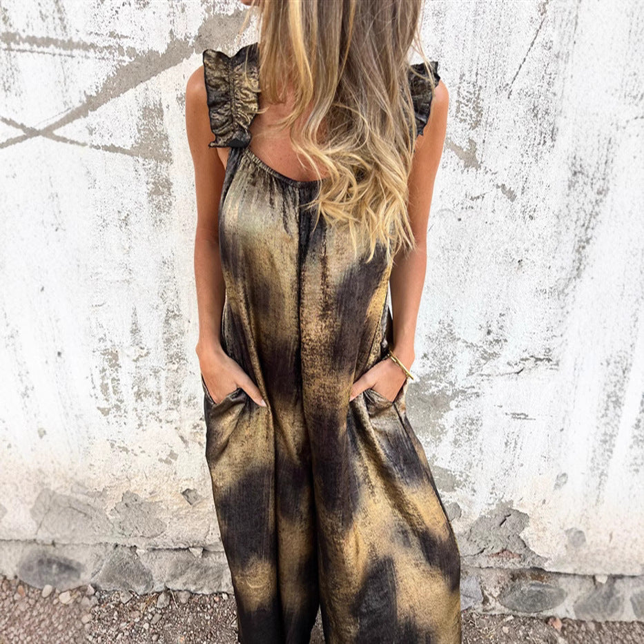 IvyShape | Gold Print Ruffled Wide-Leg Casual Jumpsuit