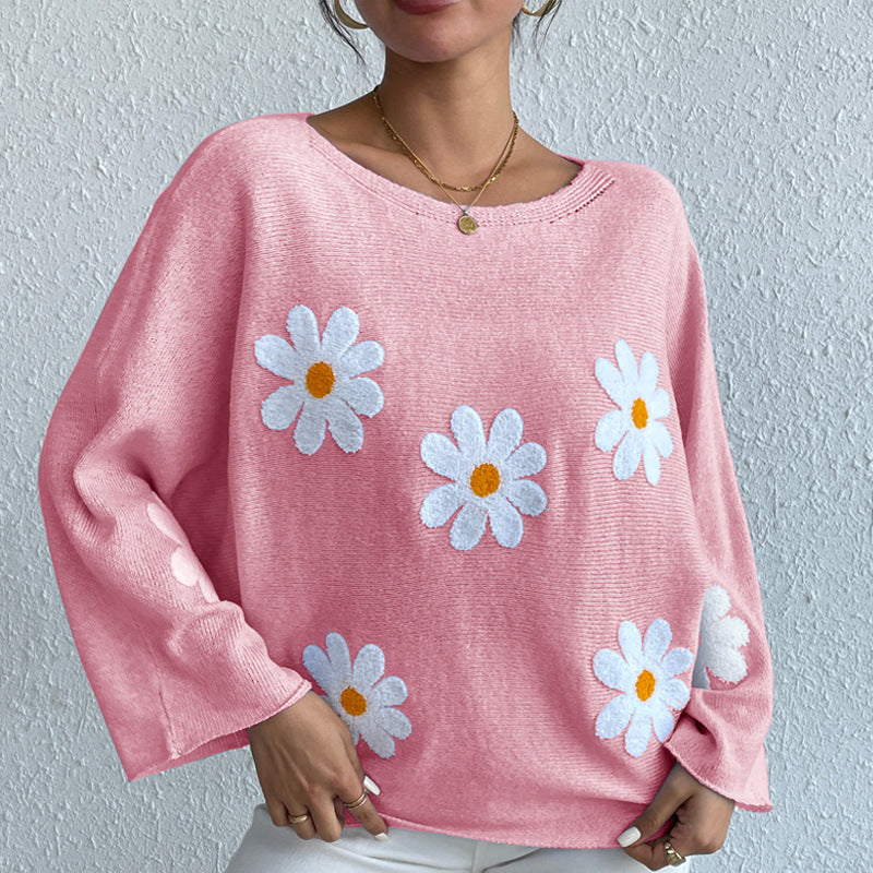 IvyShape | Floral Embroidery One-Shoulder Pullover Sweater