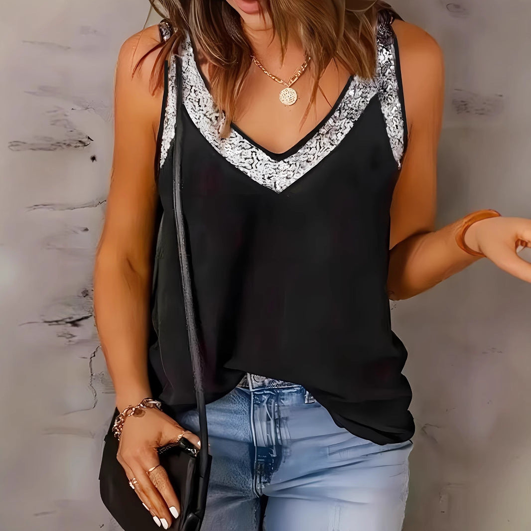 Women Elegant Tank Top with Special Decoration and V-Neck Ivyshape