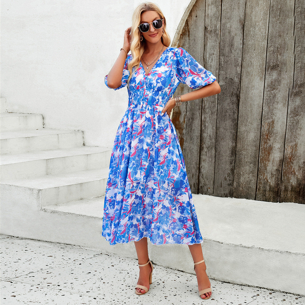 IvyShape | Flower Gathered Waist V-Neck Chiffon Long Dress