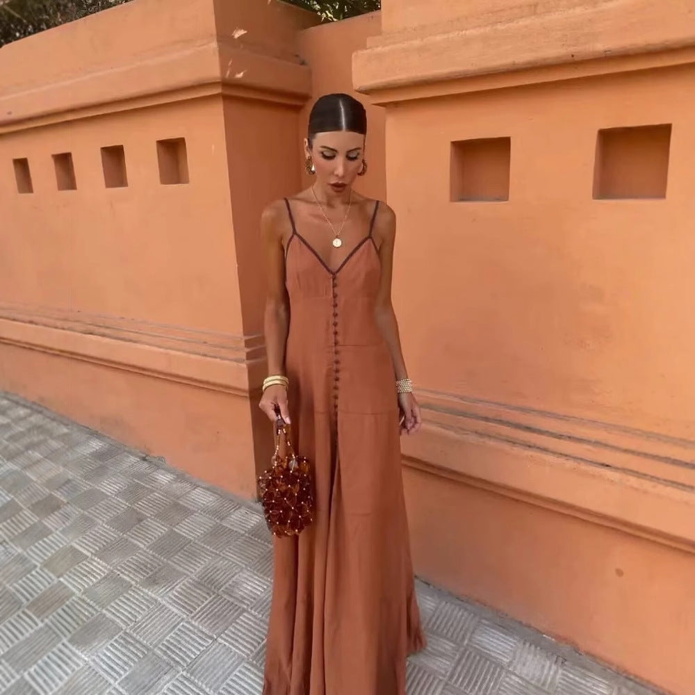 Women's Maxi Dress with fine button details and delicate V-neck Ivyshape