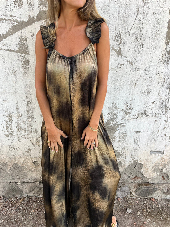 IvyShape | Gold Print Ruffled Wide-Leg Casual Jumpsuit