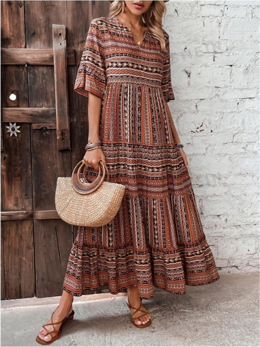 IvyShape | Printed Maxi Bohemian V-Neck Casual Dress