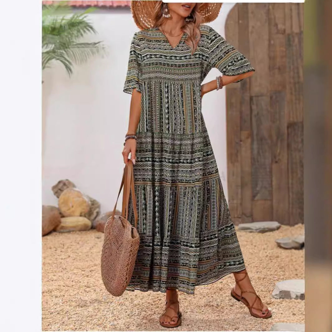 IvyShape | Printed Maxi Bohemian V-Neck Casual Dress