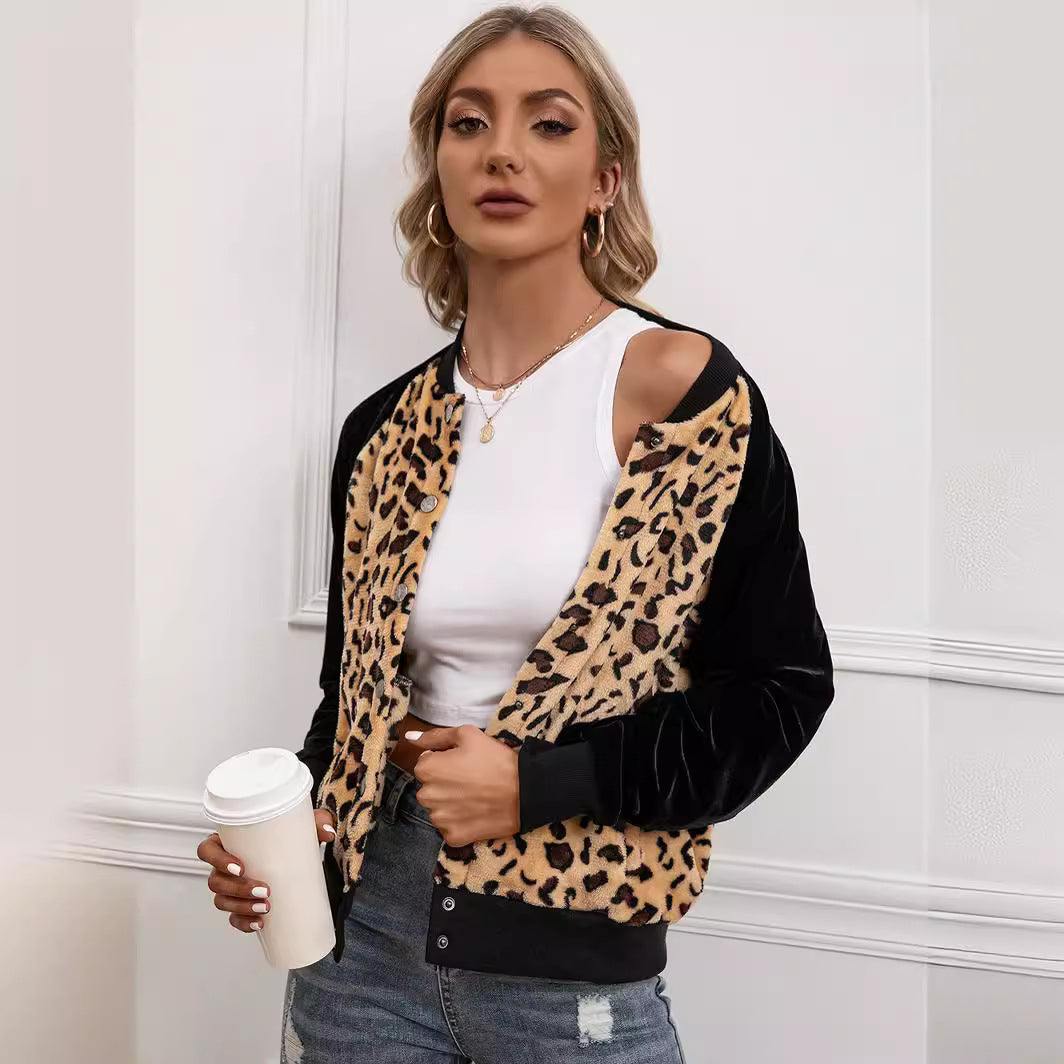 Ladies elegant bomber jacket with leopard pattern and velour trim Ivyshape