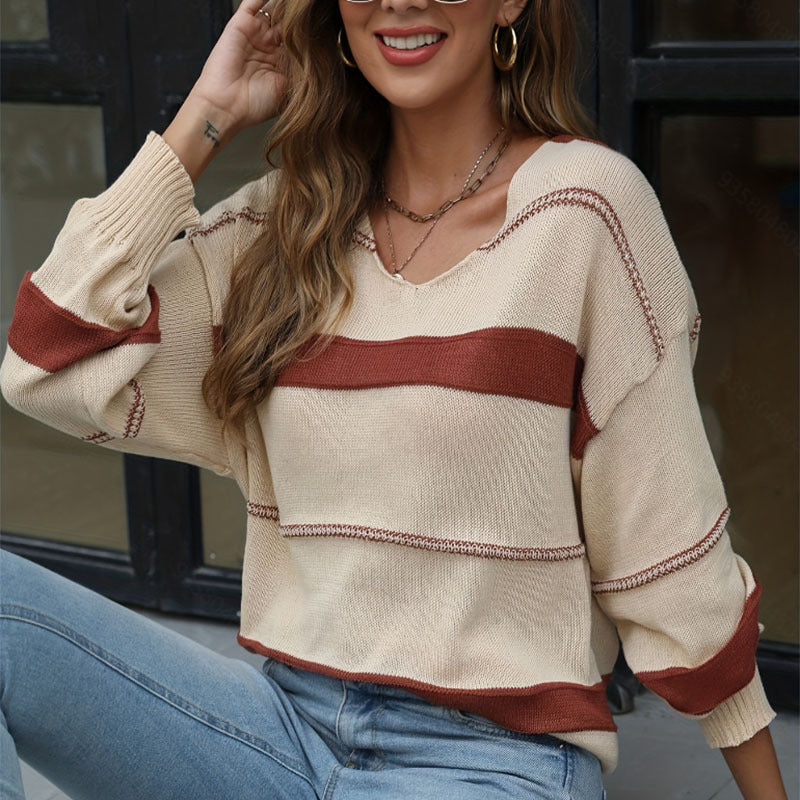 IvyShape | Trendy Striped V-Neck Pullover Sweater Top