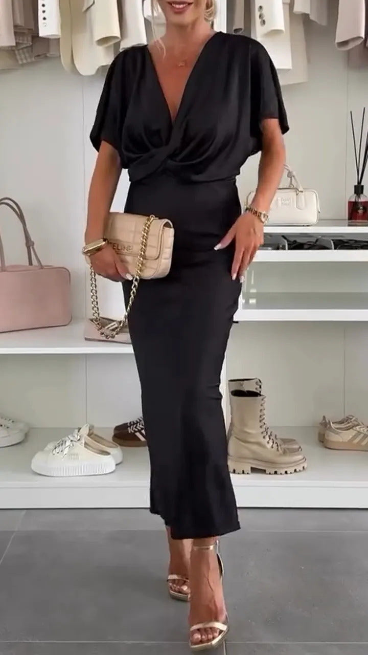 Ladies Knee-Length Satin Dress with Cross Design Ivyshape