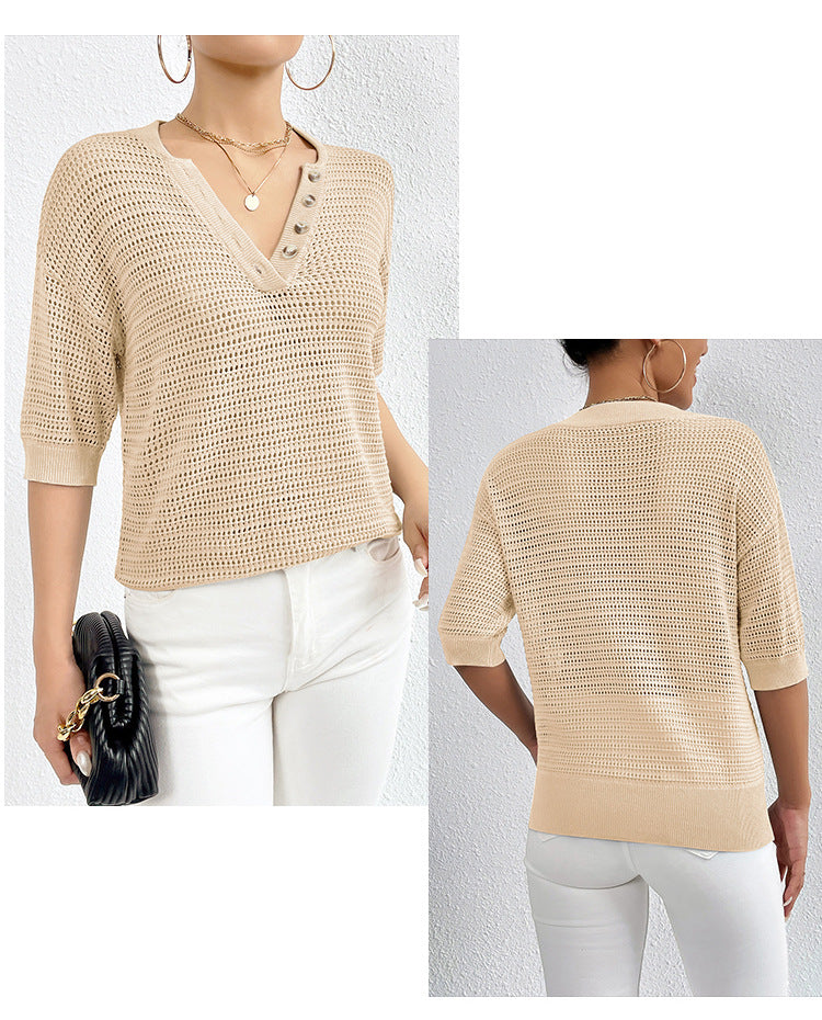 IvyShape | V-Neck Open Knit Sweater